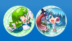  2girls blue_eyes blue_hair chibi commentary_request detached_sleeves frog geta gohei green_eyes green_hair hair_ornament heterochromia karakasa_obake kochiya_sanae long_hair mizuki_hitoshi multiple_girls open_mouth photoshop_(medium) red_eyes short_hair skirt smile snake tatara_kogasa tongue touhou umbrella 