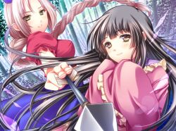  2girls arrow_(projectile) black_hair blush braid breasts brown_eyes cocoa_(cafe-hotcocoa) commentary_request hat houraisan_kaguya japanese_clothes long_hair medium_breasts multiple_girls nurse_cap photoshop_(medium) smile touhou very_long_hair white_hair yagokoro_eirin yellow_eyes 