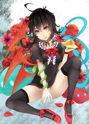  ahoge asymmetrical_wings bad_id bad_pixiv_id black_hair black_thighhighs female flower highres houjuu_nue no_panties red_eyes short_hair smile snake solo spread_legs takaharu thighhighs touhou ufo wings 