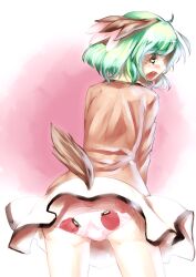  animal_ears blush commentary_request embarrassed female food_print green_eyes green_hair highres kasodani_kyouko looking_back open_mouth panties print_panties sakimori_dan short_hair skirt solo strawberry_panties strawberry_print surprised tail tears touhou underwear wind wind_lift 