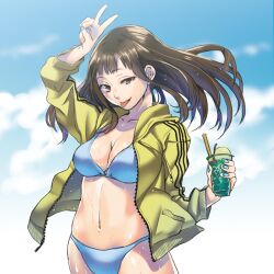  :p bikini black_eyes black_hair cloud commentary_request day drink female jacket long_hair lowres musha_sabu original photoshop_(medium) sky solo swimsuit tongue tongue_out v wet 