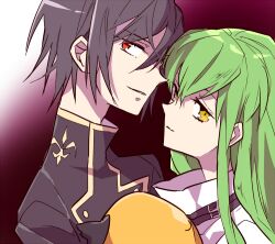  1boy black_hair c.c. cheese-kun code_geass commentary_request female green_hair lelouch_vi_britannia long_hair makiko pizza_hut red_eyes yellow_eyes 