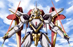  cloud code_geass commentary_request day dual_wielding holding knightmare_frame lancelot_(code_geass) lancelot_air_cavalry mecha no_humans robot sky solo sword takkayuuki weapon 