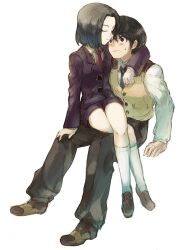  amamori_kohan androgynous bad_id bad_pixiv_id banned_artist black_hair couple female formal kujou_subaru sakura_taisen sakura_taisen_v short_hair sitting sitting_on_lap sitting_on_person straight suit sweat taiga_shinjirou 