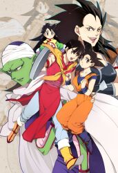  1boy 3girls armor black_hair cape chi-chi_(dragon_ball) colored_skin commentary_request dougi dragon_ball dragon_ball_z frying_pan genderswap_(ftm) genderswap_(mtf) green_skin multiple_girls piccolo pinki_(shounenkakuseiya) pointy_ears raditz red_eyes rule_63 saiyan_armor son_gohan son_goku turban 