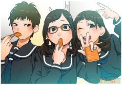  3girls black_eyes black_hair commentary_request eating glasses multiple_girls musha_sabu original photoshop_(medium) school_uniform serafuku short_hair short_twintails twintails 