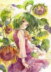  ascot closed_umbrella commentary_request female flower green_hair kazami_yuuka plaid plaid_skirt plaid_vest red_eyes short_hair skirt skirt_set solo sunflower touhou toyoda_izumi traditional_media umbrella vest wind 