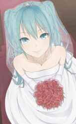  aqua_eyes aqua_hair bad_id bad_pixiv_id bare_shoulders bouquet dress elbow_gloves female flower from_above gloves hatsune_miku heisei_yutorin jewelry lips long_hair looking_up necklace red_flower red_rose rose smile solo strapless strapless_dress veil vocaloid wedding_dress 