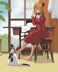  aki_shizuha barefoot blonde_hair cigarette commentary_request dress feline female hair_ornament indoors leaf leaf_hair_ornament leaf_on_head onikobe_rin red_dress sewing_machine short_hair sitting smile smoking solo touhou 