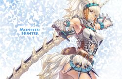  armor armpits ass barioth_(armor) blue_eyes commentary_request female fur gloves guchico hairband highres monster_hunter_(character) monster_hunter_(series) panties solo sword underwear weapon white_hair 