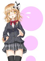  alternate_costume awa_yume bad_id bad_pixiv_id black_thighhighs blonde_hair blush female gift hair_ribbon highres kirisame_marisa photoshop_(medium) ribbon school_uniform solo thighhighs touhou yellow_eyes zettai_ryouiki 