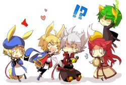  2girls 3boys animal_ears bad_id bad_pixiv_id black_pants blazblue blonde_hair chibi fox_ears fox_tail gloves green_hair grey_hair hat hazama heterochromia jin_kisaragi kuro_yuzu long_hair multiple_boys multiple_girls noel_vermillion pants rabbit_ears rabbit_tail ragna_the_bloodedge red_hair smile tail tsubaki_yayoi uniform 