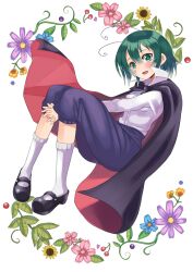  antennae cape commentary_request dress_shirt female flower green_eyes green_hair mary_janes own_hands_clasped own_hands_together pants shirt shoes socks solo sora-bozu touhou v_arms white_socks wriggle_nightbug 