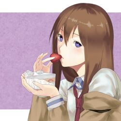  bad_id bad_pixiv_id blush brown_hair cake female food fruit holding holding_food holding_fruit inuzuka_bouru jacket long_hair makise_kurisu necktie purple_eyes short_hair solo steins;gate strawberry 