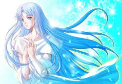  ancient_ys_vanished blue_background blue_eyes blue_hair blue_theme commentary_request dress feena_(ys) female jewelry long_hair necklace petals solo white_dress xiacheng_tatsuya ys 