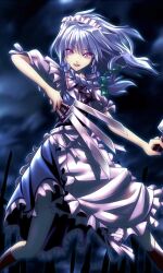  apron bayonet braid dark female fighting_stance grey_hair hellsing izayoi_sakuya knife looking_at_viewer maid maid_headdress night purple_eyes red_eyes ribbon shirosa short_hair slit_pupils smile solo standing touhou twin_braids waist_apron weapon 