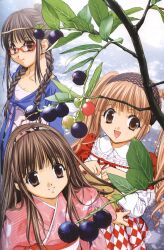  3girls :d :t argyle basket berry braid brown_eyes brown_hair copyright_request from_above glasses hairband highres holding japanese_clothes kimono lolita_fashion long_hair multiple_girls open_mouth pout red-framed_eyewear ribbon-trimmed_clothes ribbon_trim sidelocks smile tenhiro_naoto tree twin_braids twintails 