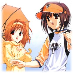  2girls hat kaho_(sister_princess) mamoru_(sister_princess) multiple_girls photoshop_(medium) sister_princess tenhiro_naoto umbrella visor_cap 