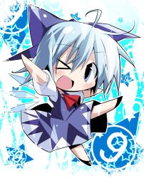  ahoge ascot bibi02 blue_dress blue_eyes blue_hair bow chibi circled_9 cirno commentary_request dress female hairbow one_eye_closed open_mouth short_hair smile solo touhou wings 