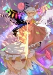  ascot blonde_hair bunchou_(bunchou3103) commentary_request female flaming_sword flaming_weapon flandre_scarlet full_moon glowing glowing_eye hat highres laevatein_(touhou) moon night ominous_shadow red_eyes red_moon shirt side_ponytail skirt skirt_set sky smile solo star_(sky) sword touhou weapon wings 