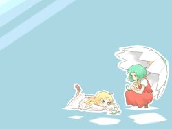  2girls blonde_hair blue_eyes flower green_hair kazami_yuuka lily_white lying multiple_girls no_headwear on_stomach parasol red_hair smile touhou umbrella ziro_(daydozen) 