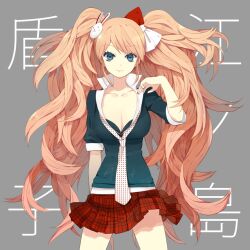  :&gt; big_hair blue_eyes bow bra breasts cleavage commentary_request danganronpa:_trigger_happy_havoc danganronpa_(series) enoshima_junko female hair_ornament hairbow large_breasts lingerie long_hair mami_(apsaras) nail_polish necktie pink_hair plaid plaid_skirt pleated_skirt rabbit simple_background skirt smile solo twintails underwear 