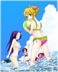  5girls alternate_hairstyle ass bad_id bad_pixiv_id ball beachball bikini blonde_hair commentary_request frilled_bikini frills hoshii_miki idolmaster idolmaster_(classic) idolmaster_2 kikuchi_makoto minase_iori miura_azusa multiple_girls nico.co striped_bikini striped_clothes swimsuit takatsuki_yayoi vivid_bikini_(idolmaster) 