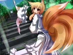  aburaage animal_ears blonde_hair commentary_request female food fox_ears fox_tail hat highres liya red_eyes solo stairs tail touhou unworn_hat unworn_headwear yakumo_ran 