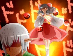  1boy bad_id bad_pixiv_id black_hair buront crossover detached_sleeves elf elvaan emoticon female final_fantasy final_fantasy_xi fueiku glowing glowing_eyes hakurei_reimu long_hair orb pointy_ears short_hair the_iron_of_yin_and_yang touhou white_hair yin_yang yin_yang_orb 