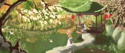  2girls bad_id bad_pixiv_id branch flower gif_artifacts multiple_girls outdoors parasol pond scenery tea_sly touhou tree umbrella yakumo_ran yakumo_yukari 