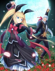  1boy arm_up bad_id bad_pixiv_id beard blazblue blonde_hair blue_eyes bow butler closed_eyes dancing dress facial_hair female flower formal full_moon gloves hair_ribbon highres holding_hands huge_moon long_hair low_ponytail moon outstretched_arm pants photoshop_(medium) ponytail rachel_alucard red_bow red_flower red_rose ribbon rose shawl shoes smile suit tsukikanade twintails valkenhayn_r._hellsing white_facial_hair white_hair wings 