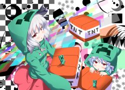  2girls arrow_(projectile) blue_hair blush checkered commentary_request creeparka creeper explosive holding hood hoodie konpaku_youmu meracle minecraft moon multiple_girls oerba_yun_fang open_mouth photoshop_(medium) red_eyes remilia_scarlet silhouette snowflakes tnt tnt_block_(minecraft) touhou white_hair zipper 