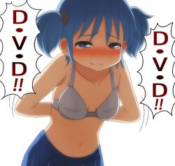  blue_eyes blue_hair blush bra commentary_request cube_hair_ornament dvddvd_(meme) female hair_ornament laco_soregashi lingerie meme midriff naganohara_mio navel neta nichijou photoshop_(medium) simple_background skirt solo tears twintails underwear upper_body white_background white_bra 