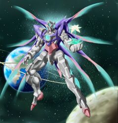  00_qan[t] commentary_request earth_(planet) els flower gundam gundam_00 gundam_00_a_wakening_of_the_trailblazer highres light mecha no_humans planet rabinidaddo robot space spoilers wings 