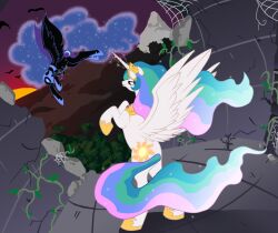  aged_room alicorn avian battle bird equid equine female friendship_is_magic hasbro hole_in_wall horn horse magic mammal moss mountain my_little_pony mythological_creature mythological_equine mythology nightmare_moon_(mlp) plant pony princess princess_celestia_(mlp) royalty spider_web sunset wings 