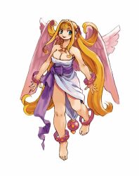  angel anklet barefoot blonde_hair blue_eyes bracelet breasts cherie_espoir cleavage curly_hair dress earrings female jewelry long_hair marl_kingdom necklace official_art rhapsody ryoji_(nomura_ryouji) smile solo wings 