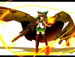  alternate_weapon arm_cannon black_hair black_thighhighs commentary_request female green_skirt hair_ribbon honehone mechanical_wings red_eyes reiuji_utsuho ribbon skirt solo thighhighs touhou weapon wings 