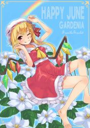  barefoot blonde_hair character_name commentary_request female flandre_scarlet flower hat oerba_yun_fang one_eye_closed rainbow red_eyes solo sora-bozu touhou wings 