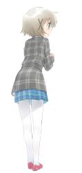  asasow brown_hair casual commentary_request female from_behind hidamari_sketch pantyhose plaid plaid_skirt short_hair skirt solo white_pantyhose yuno_(hidamari_sketch) 