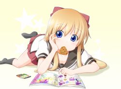  blonde_hair blue_eyes bow collarbone commentary_request cookie dress eating female food food_in_mouth hair_between_eyes hairbow kurumi_(yuru_yuri) long_hair looking_at_viewer lying magazine_(object) mirakurun mouth_hold nanamori_school_uniform pleated_dress sailor_dress school_uniform serafuku short_sleeves solo takamine_tsukumo toshinou_kyouko yuru_yuri 