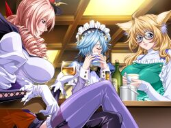  3girls animal_ears apron blonde_hair blue_hair braid breasts drill_hair game_cg glasses hat huge_breasts impossible_clothes impossible_shirt large_breasts multiple_girls shirt short_hair terios thighhighs twin_braids witch yokota_mamoru 