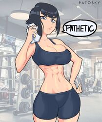  1girls abs belly belly_button big_breasts black_hair blue_eyes breasts child_bearing_hips condescending dark_hair exercise female female_only fit fit_female fully_clothed gym gym_clothes gym_clothing gym_uniform hips insulting_viewer kill_la_kill kiryuuin_satsuki large_breasts lips muscles patosky short_hair shorts solo sports_bra sports_shorts sportswear sweat sweating sweaty thick thick_thighs thighs toned toned_female tummy weights wide_hips workout workout_clothes 