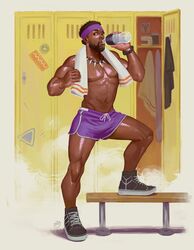  1boy actor african african_male black_panther_(marvel) black_panther_(series) celebrity chadwick_boseman dark-skinned_male dark_skin david_talaski drinking_water human human_only in_character locker_room male male_only marvel marvel_cinematic_universe melanin muscles muscular muscular_male pinup posing short_shorts t&#039;challa 