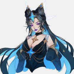  1girls black_hair blue_dress blue_hair cleavage collar cyan_hair dark_blue_hair earrings female female_only fully_clothed gradient_hair hair_buns hair_ornament large_breasts league_of_legends light-skinned_female light_skin linixu long_hair makeup multicolored_hair pale-skinned_female pale_skin prestige_skin purple_eyes purple_lipstick riot_games short_dress signature solo_female star_earrings star_guardian star_guardian_series star_guardian_syndra star_guardian_syndra_prestige_edition stars stars_in_hair syndra turquoise_hair 