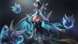  1girls 4k blue_dress blue_hair cleavage collar cyan_hair dark_blue_hair earrings eyebrows_visible_through_hair fake_wings female female_only fully_clothed gradient_hair hair_buns hair_ornament hi_res highres large_breasts league_of_legends light-skinned_female light_skin long_hair makeup multi_(league_of_legends) multicolored_hair pale-skinned_female pale_skin piscina_(artist) pose prestige_skin purple_eyes purple_lipstick riot_games short_dress signature solo_female star_earrings star_guardian star_guardian_series star_guardian_syndra star_guardian_syndra_prestige_edition stars stars_in_hair syndra thighhighs turquoise_hair 