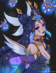  1girls blue_dress cleavage collar cyan_hair dark_blue_hair earrings eyebrows_visible_through_hair fake_wings female female_only fully_clothed gradient_hair hair_buns hair_ornament large_breasts league_of_legends light-skinned_female light_skin lipstick long_hair makeup multi_(league_of_legends) multicolored_hair nanumn pale-skinned_female pale_skin patreon_username pose prestige_skin purple_eyes purple_hair purple_lipstick riot_games short_dress signature solo_female star_earrings star_guardian star_guardian_series star_guardian_syndra star_guardian_syndra_prestige_edition stars stars_in_hair syndra 