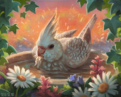  2025 alexpahomov avian beak bird black_eyes cockatiel cockatoo daisy_(flower) digital_media_(artwork) digital_painting_(artwork) feather_tuft feathered_wings feathers feral flower leaf long_tail_feathers painting_(artwork) parrot pink_beak pink_flower plant purple_flower sitting_in_water tuft white_body white_feathers white_flower white_wings wings 