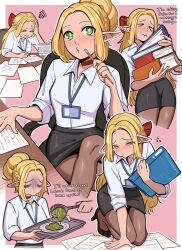  bad_food black_pantyhose black_skirt blonde_hair blush braid chair collared_shirt desk dress_shirt dungeon_meshi elf female formal_clothes gloom_(expression) green_eyes hair_around_ear highres holding holding_pen id_card indoors lanyard long_hair marcille_donato office office_chair office_lady pantyhose paper paper_stack papers paperwork pen pencil_skirt pointy_ears shirt shirt_tucked_in sitting skirt swivel_chair tatjasng12 tearing_up white_shirt 