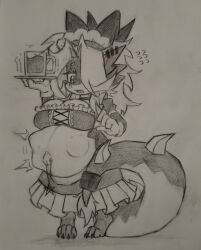  absurd_res anthro boring_machine chibi clothing dragon female fetal_movement graphite_(artwork) hi_res maid_uniform mythological_creature mythological_scalie mythology navel navel_piercing outie_navel piercing pregnant scalie solo traditional_media_(artwork) uniform 