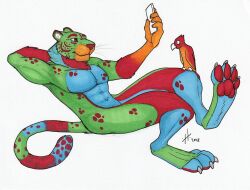  2018 ambiguous_feral ambiguous_gender anthro avian bird blue_body blue_fur dated duo electronics facial_spots felid feral fur green_body green_fur hi_res holding_object holding_phone hufnaar male male_anthro mammal markings mouth_closed muscular muscular_anthro muscular_male nude parrot pecs phone reclining red_body red_eyes red_fur simple_background solo spots spotted_arms spotted_body spotted_face spotted_fur spotted_markings spotted_tail tail tail_markings white_background 